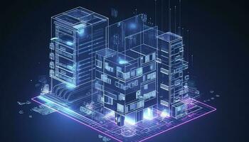 sviluppo architettura computer sistemi di un' inteligente costruzione. design moderno edificio costruzione con ai controlli. progetto inteligente Casa costruzione con artificiale intelligenza, creare ai foto