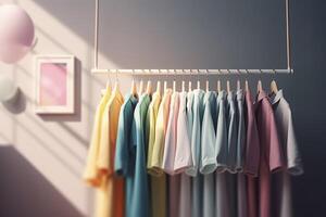 colorato Abiti su capi di abbigliamento cremagliera, pastello colorato guardaroba nel shopping memorizzare o Camera da letto. arcobaleno colore Abiti scelta su grucce, casa armadio concetto. ai generato Immagine foto