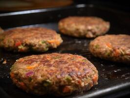 grigliato carne hamburger tortini con verdure creato con generativo ai tecnologia. foto