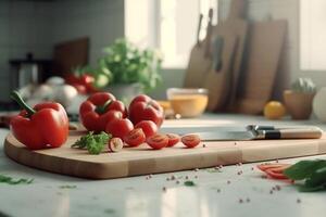 fresco verdure - pomodori, paprica, cavolfiore, prezzemolo su un' di legno taglio tavola nel il cucina. salutare mangiare concetto. nutriciologia. generativo ai. foto