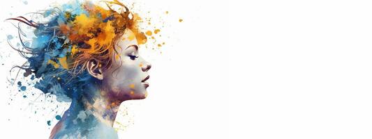 mentale Salute e creativo astratto concetto. colorato illustrazione di femmina testa dipingere schizzare stile. consapevolezza e se stesso cura idea. striscione. copia spazio. generativo ai. foto