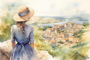 illustrazione nel un' acquerello stile. bellissimo ragazza nel vestito e cappello guardare giù a bellissimo cittadina a partire dal il collina. visto a partire dal dietro. viaggio e relax. generativo ai. foto