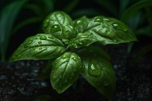 fresco dolce basilico le foglie con gocce di acqua. basilico pianta con verde le foglie su buio sfondo. fresco erbe aromatiche per cucinando, Usato nel cucine In tutto il mondo. ocimum basilico. Salute mangiare. generativo ai. foto