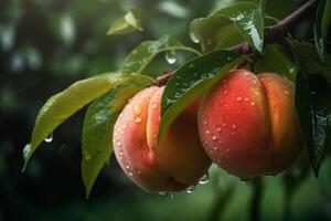 fresco Pesche con gocce di acqua. naturale frutta in crescita su un' albero nel il estate. giardino con maturato frutta. delizioso e salutare biologico nutrizione. copia spazio. generativo ai. foto