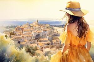 illustrazione nel un' acquerello stile. bellissimo ragazza nel vestito e cappello guardare giù a bellissimo cittadina a partire dal il collina. visto a partire dal dietro. viaggio e relax. generativo ai. foto