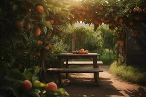 Pesche in crescita su un' albero nel il estate su villaggio sfondo. giardino con maturato frutta, tramonto luce. naturale frutta su vecchio di legno tavolo. generativo ai. foto