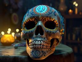 giorno di il morto zucchero cranio trucco con fiori e candele su buio sfondo creato con generativo ai tecnologia foto