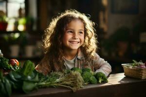 contento bambino guardare a scatola pieno di verdure su cucina tavolo. ai generato foto