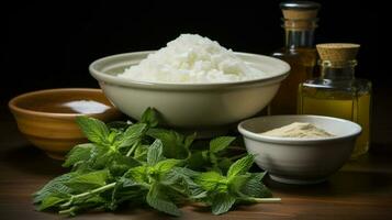 Stevia zucchero nel il di legno ciotola, con fresco Stevia le foglie. ai generato foto