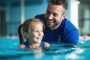 Candido catturare di un' giovane ragazza con un adulto nuoto . ai generato foto