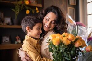 giovane etnico donna madre con fiore mazzo Abbracciare una persona figlio mentre ottenere Congratulazioni su La madre di giorno. ai generato foto