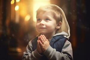 carino piccolo ragazzo preghiere nel il Chiesa e Gesù dando benedizione, cinematico effetto, studi luce. ai generato foto
