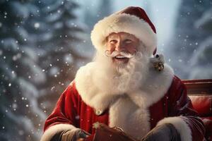 un' contento e allegro Santa Claus in piedi di un' slitte nel nord palo.. ai generato foto