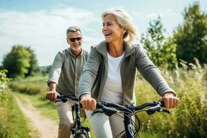 contento più vecchio coppia esplora natura di bicicletta su soleggiato giorno. ai generato foto