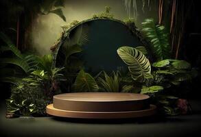 foto tropicale podio o piattaforma per Prodotto presentazione Schermo nel giungla paesaggio. ai generato