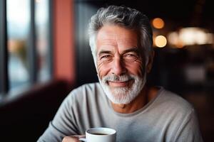 vicino su ritratto di maturo anziano maschio con tazza di caffè. ai generato foto