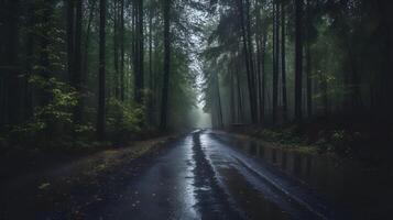 un' bellissimo tiro di un' foresta circondato di alberi nel il foresta durante il nebbia generativo ai, ai generato foto