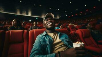 nero uomo mangiare Popcorn nel un' film Teatro, seduta e mangiare Popcorn. ai generato foto