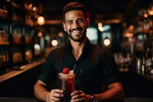 ritratto sorridente barista miscele un' cocktail nel un' shaker. ai generato foto