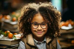 divertente sorridente nero bambino scuola ragazza con bicchieri hold libri, vivente camera sfondo. ai generato foto