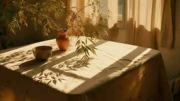 moderno interno stile di vita mediterraneo nel estate scena, pianta con ciotola su tavolo con leggero e ombra nel cenare camera foto