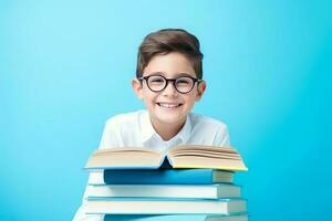 ritratto di un' contento bambino poco ragazzo con bicchieri seduta su un' pila di libri e lettura un' libri, leggero blu sfondo. ai generato foto