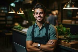 contento maschio memorizzare proprietario a bar o drogheria con braccia. ai generato foto