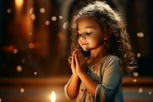 carino piccolo ragazza preghiere nel il Chiesa e Gesù dando benedizione, cinematico effetto, studi luce. ai generato foto