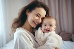 contento allegro famiglia. madre e bambino baci, ridendo e abbracciare . ai generato foto