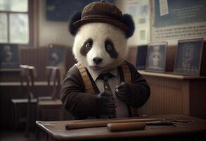 ritratto di un antropomorfo panda vestito come un' scolaro nel un' aula. ai generato. foto