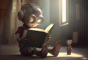 robot bambino lettura un' libro , robot formazione scolastica un' libro. ai generato foto