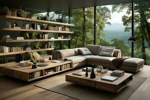 moderno vivente camera professionalmente progettato. Aperto concetto. minimalista. ai generato foto