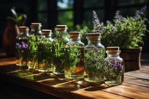 un assortimento di essenziale olio bottiglie con fresco impianti a partire dal quale Loro sono derivato, piace lavanda, menta piperita, e rosmarino, disposte su un' di legno superficie. ai generato foto