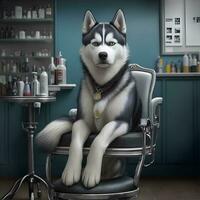 vestito rauco cane seduta nel un' sedia nel un' barbiere. ai generato foto