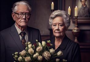 anziano uomo in piedi con attraente donna Tenere fiori su funerale. ai generato foto