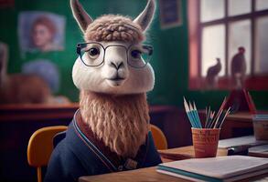 ritratto di un antropomorfo alpaca vestito come un' scolaro nel un' aula. ai generato foto