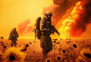 militare speciale forze soldati croci distrutto zona di guerra attraverso fuoco e Fumo nel un' girasole campo ai generato. foto