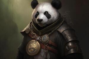 panda con un' steampunk orologio cordoncino in giro il suo collo, proteggere un' sicuro. ai generato foto