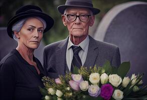 anziano uomo in piedi con attraente donna Tenere fiori su funerale. ai generato. foto