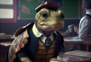ritratto di un antropomorfo tartaruga vestito come un' scolaro nel un' aula. ai generato. foto