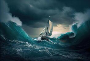barca a vela contro un' sfondo di mare e tempesta. ai generato. foto