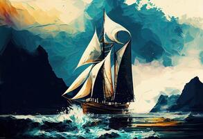 barca a vela contro un' sfondo di mare digitale pittura ai generato. foto