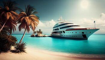 lusso yacht attracco su un' Paradiso spiaggia con turchese acque e palma alberi . ai generato foto