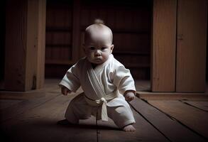 bambino nel un' bianca chimono nel un' combattente posizione nel un' di legno dojo. ai generato foto
