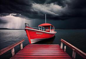 rosso di legno barca su il lago vicino il di legno molo prima il tempesta. nuvole temporalesche nel il cielo. ai generato. foto