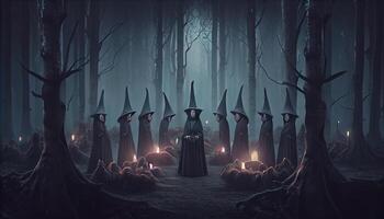 un' cupo drammatico sfondo, streghe nel nero mantelli eseguire un' rituale nel un' buio cupo foresta. .ai generato. foto