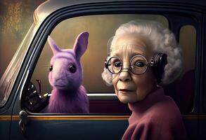un vecchio donna e un' coniglio. scherzo .ai generato. foto