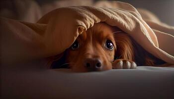 un' molto carino cane strisciato sotto il coperture e toccante manca il suo proprietario. ai generato. foto