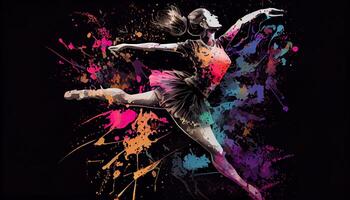 balletto ballerino spruzzo colorato illustrazione, nero sfondo con copia spazio . ai generato. foto