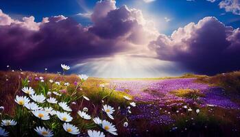 bellissimo primavera estate naturale paesaggio con un' campo di viola trifoglio fiori. ai generato. foto